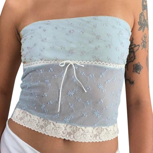 Womens Y2K Tube Top Lace Trim Strapless Top Sexy Sheer Mesh Long Bandeau Tops Fairy Grunge Sleeveless Summer Going Out Vest Crop Top (A 01-Blue, S)