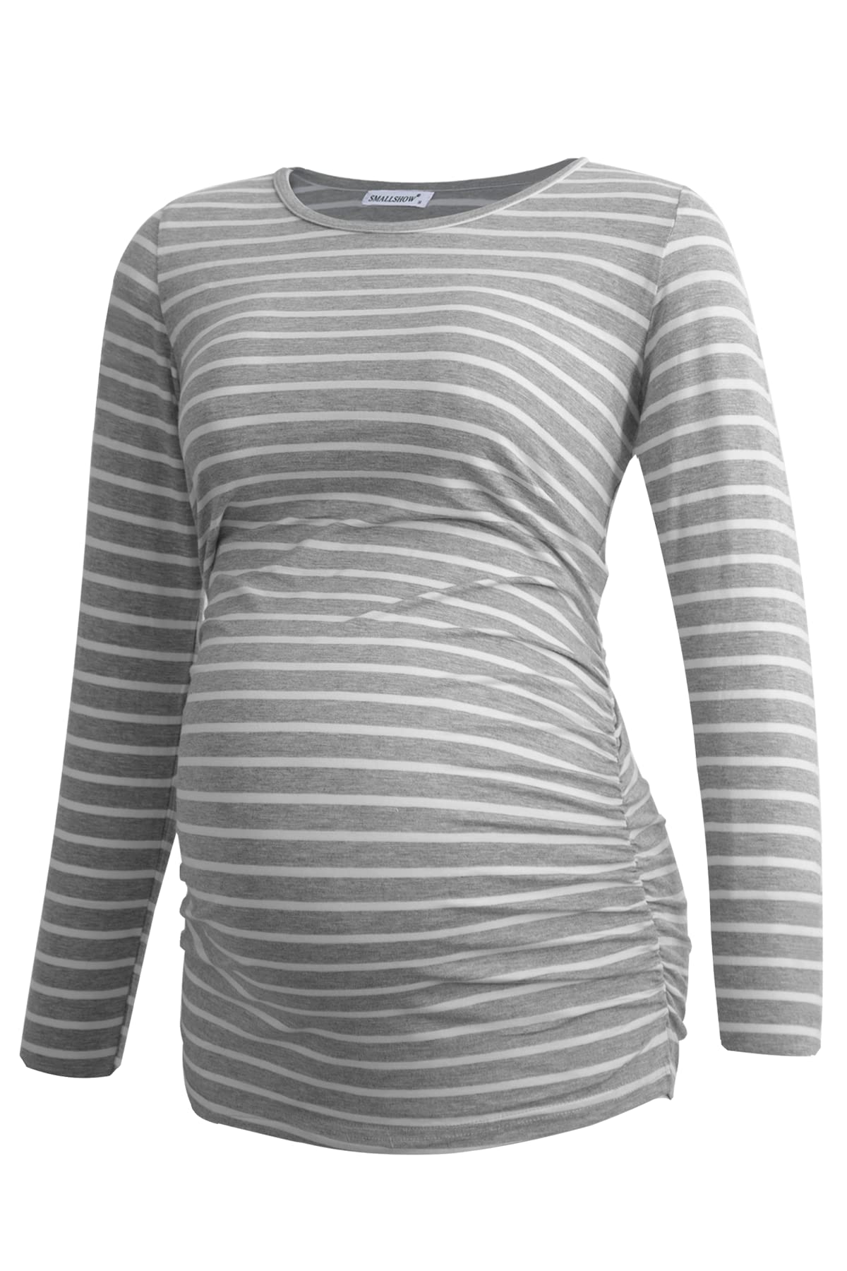 Smallshow Women's Maternity Tops Long Sleeve Pregnancy Clothes T Shirts 3-Packs,Black-Light Grey-Light Grey Stripe,S