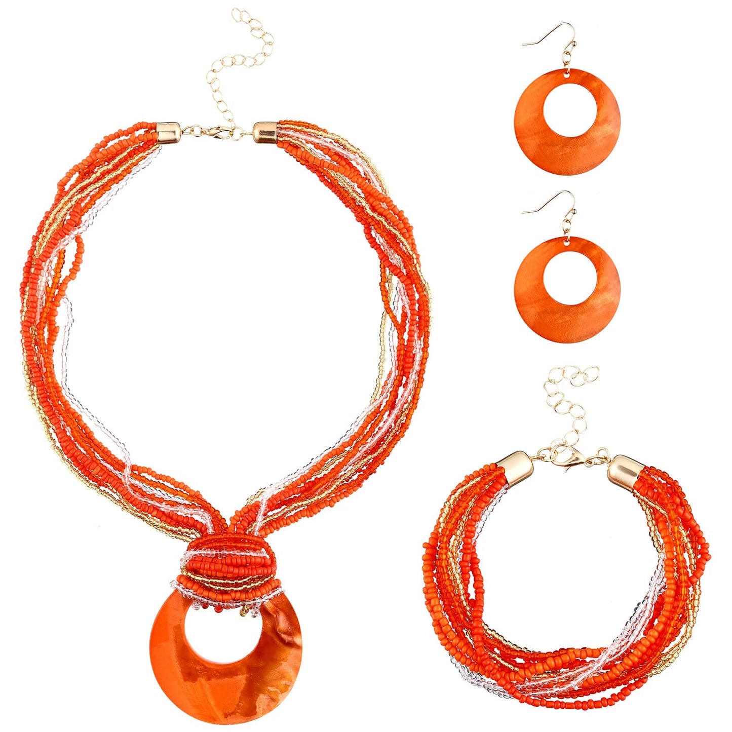 Fiada 4 Pcs Jewelry Set for Women Boho Necklace Earrings Bracelet Set Handmade Shell Beaded Collar Jewelry Pendant Earrings Chunky Multi Strand Statement for Women Girls Gift Summer Beach (Orange)