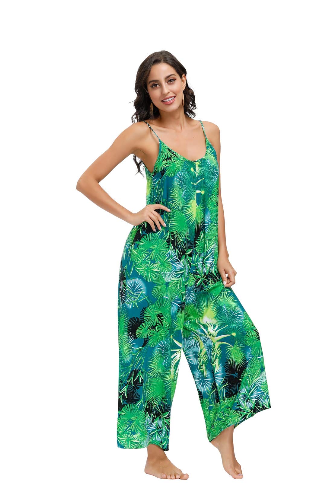 BUENOS NINOS Women's V Neck Floral Maxi Dress Boho Printed Adjustable Spaghetti Strap Ethnic Beach Long Dress with Pockets 3XL Jungle Green Jumpsuit