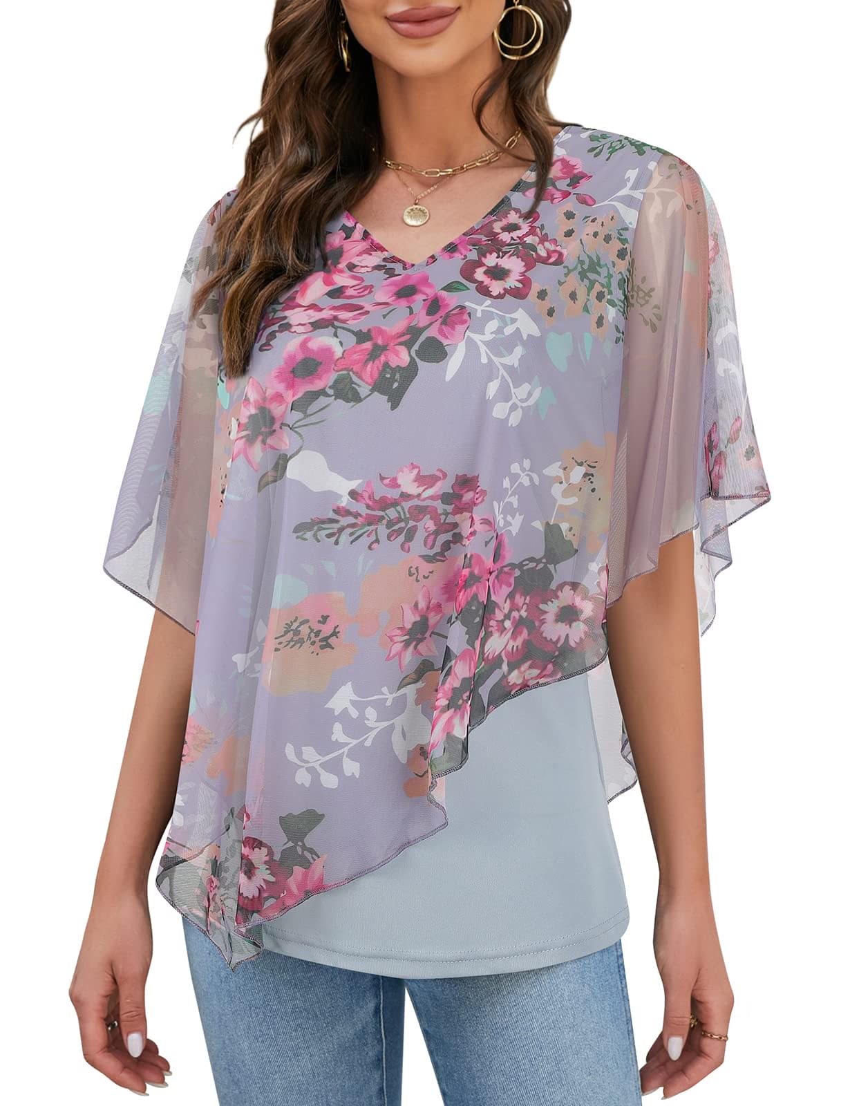 Blouses For Women UK, Women's Blouses & Shirts Loose Summer Blouse Tops Elegant Chic Floral Blouse Shirts Womens V Neck Tops Baggy Tops Ruffle Sleeve Tops Going Out Tops