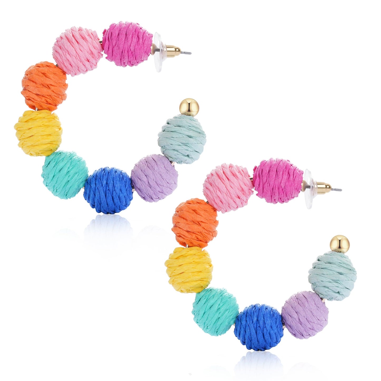 Rattan Earrings Summer Boho Raffia Ball Hoop Dangle Colorful Earrings for Women Girls Lightweight Straw Wicker Statement Earrings Bohemian Beach Earrings Jewelry Gifts