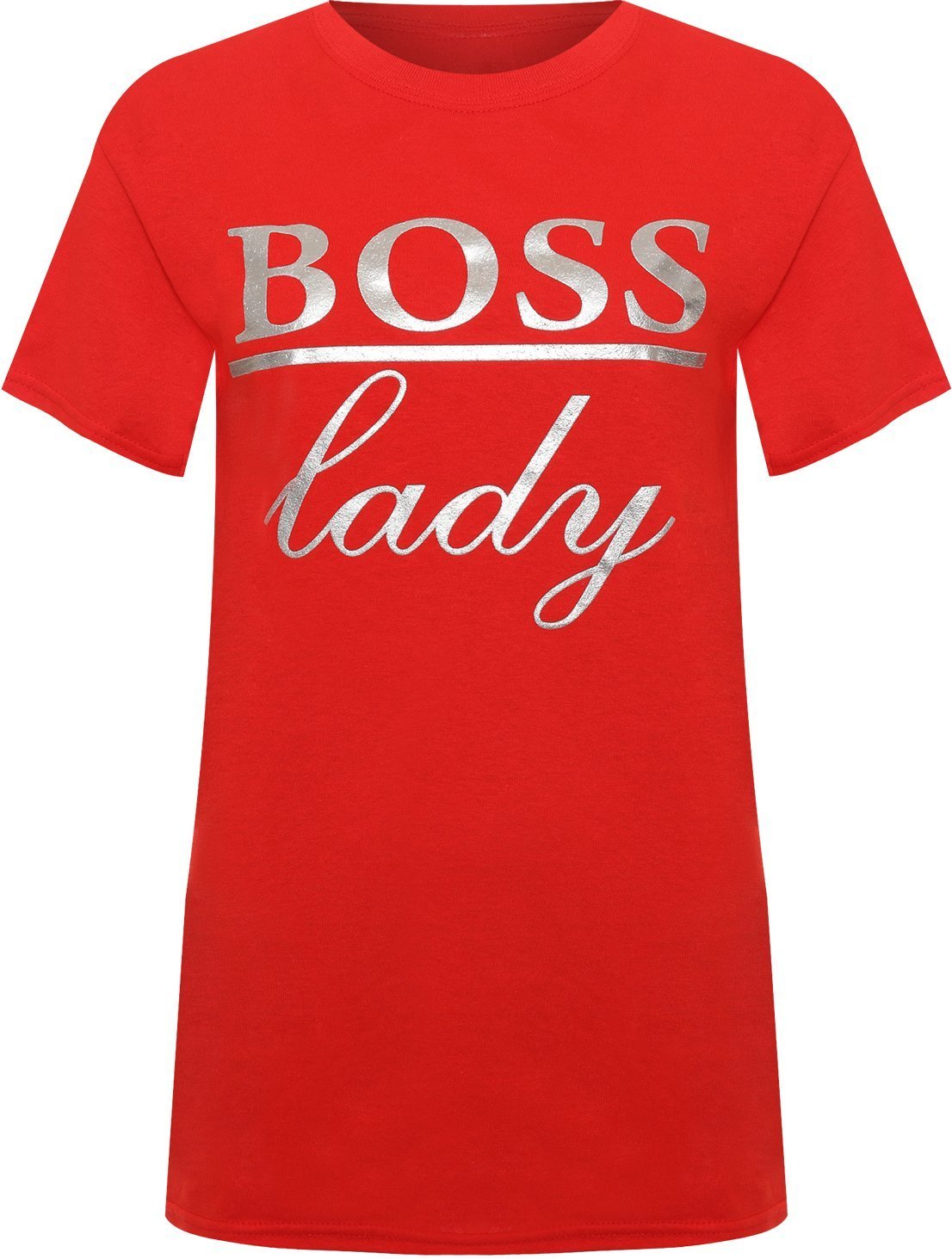 WearAll Women's Plus Boss Lady Slogan Foil Print Short Sleeve T-Shirt New Ladies Top - Red - 18