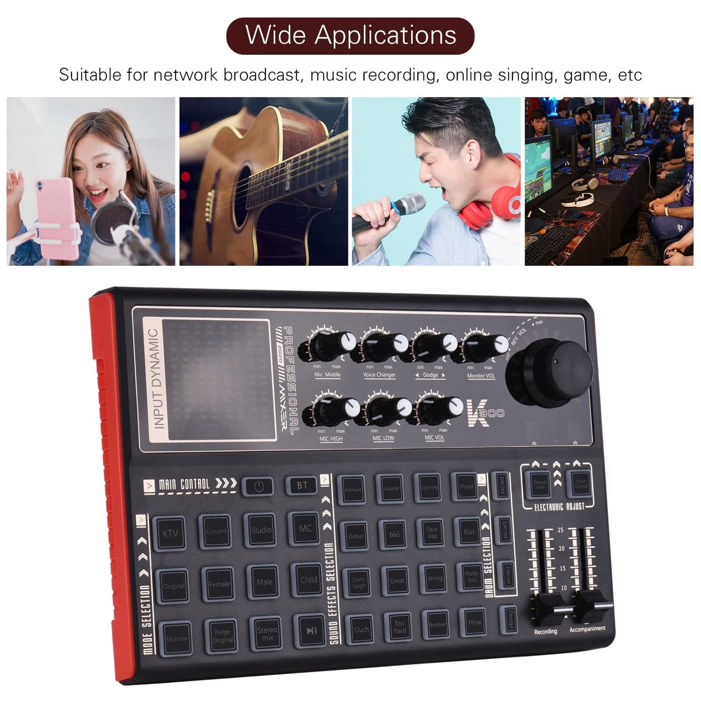 Irfora SK300 Live Sound Card External Voice Changer Audio Mixer Built-in Rechargeable Battery Multiple Sound Effects for Live Streaming Music Recording Smartphone Computer Game Karaoke