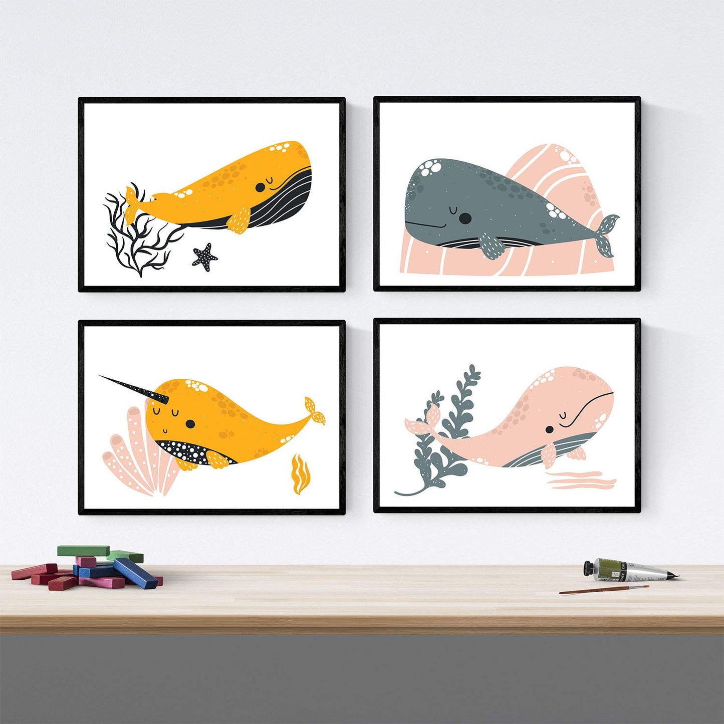 Nacnic Pack four posters with illustrations of whales. Sheets with children's images of whales. Whales in the sea gray orange and pink. A3 size unframed