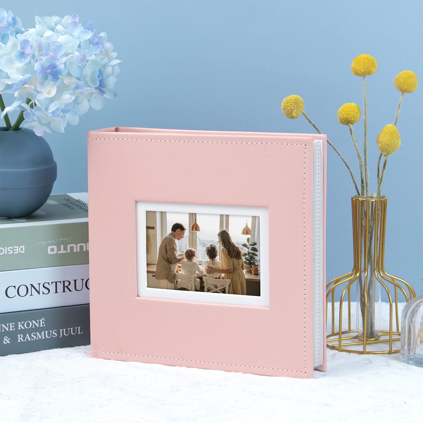 Golden State Art, Photo Album Hold 200 4x6 Horizontal Pictures with Memo for Christmas, Weddings, Holidays, Engagements, Vacations, Family (2 Per Page, Faux Leather Cover, Coral Pink)