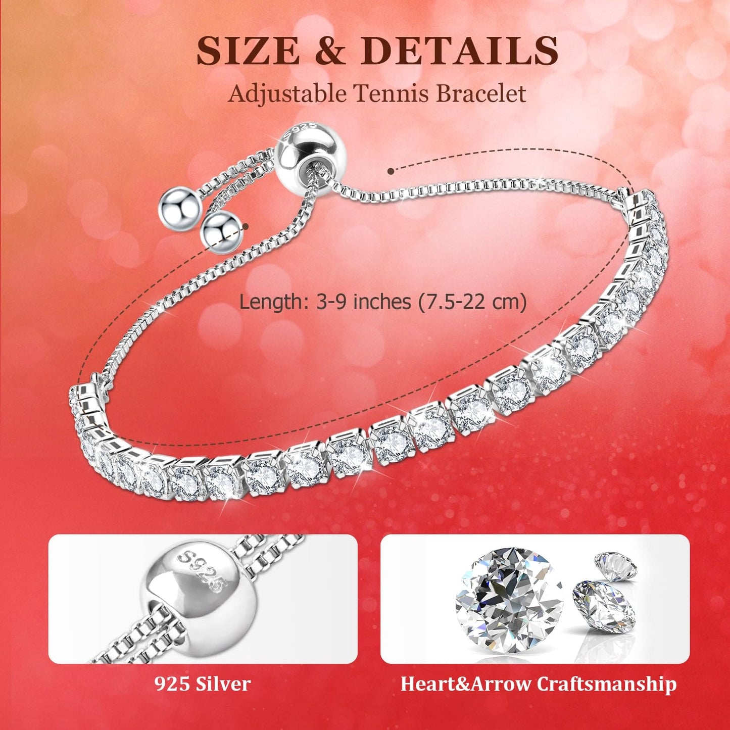 Bracelet for Women,Sterling Silver Tennis Bracelet Crystal Slider Bracelet S925 Women Bracelet Ladies Jewellery Diamond Adjustable Bracelet for Women Gift for Her Gifts for Women