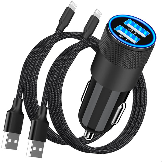 [Apple MFi Certified] iPhone Fast Car Charger, Rombica 4.8A Dual USB Smart Power Cigarette Lighter USB Car Charger+2Pack Lightning to USB Braided Cable for iPhone 14 13 12 11 Pro/XS Max/XR/SE/X/8/iPad