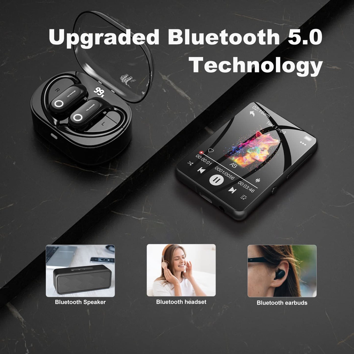 32GB MP3 Player with Bluetooth 5.0, Full Touch Screen MP3 and MP4 Player, Kids MP3 Player Portable Speakers Music Player Support FM Radio Recording Max Support TF Card 128GB(Black)