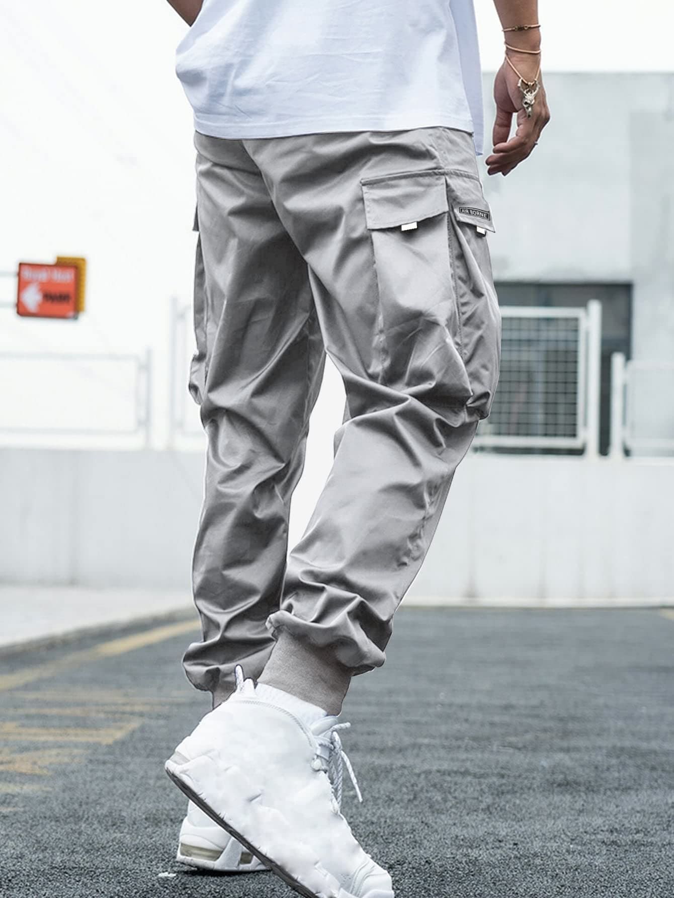 OYOANGLE Men's Casual Drawstring Elastic Waist Flap Pocket Letter Graphic Street Jogger Cargo Pants Light Grey L