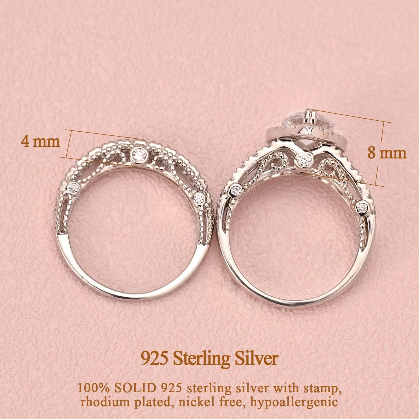 SweetJew Pear Drop Cut Wedding Rings Set Engagement Ring for Women 925 Sterling Silver Cubic Zirconia Size O