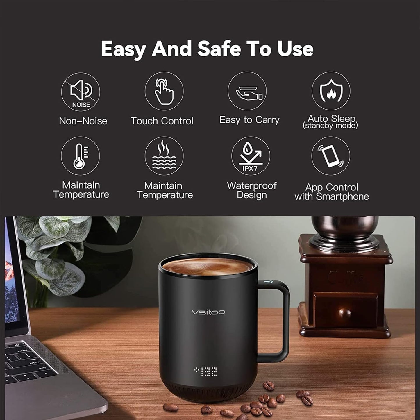 VSITOO S3 Temperature Control Smart Mug with Lid, Coffee Mug Warmer with Mug for Desk Home Office, App Controlled Heated Coffee Cup, Self Heating Coffee Mug 10 oz, Electric Mug-Black Inner Wall