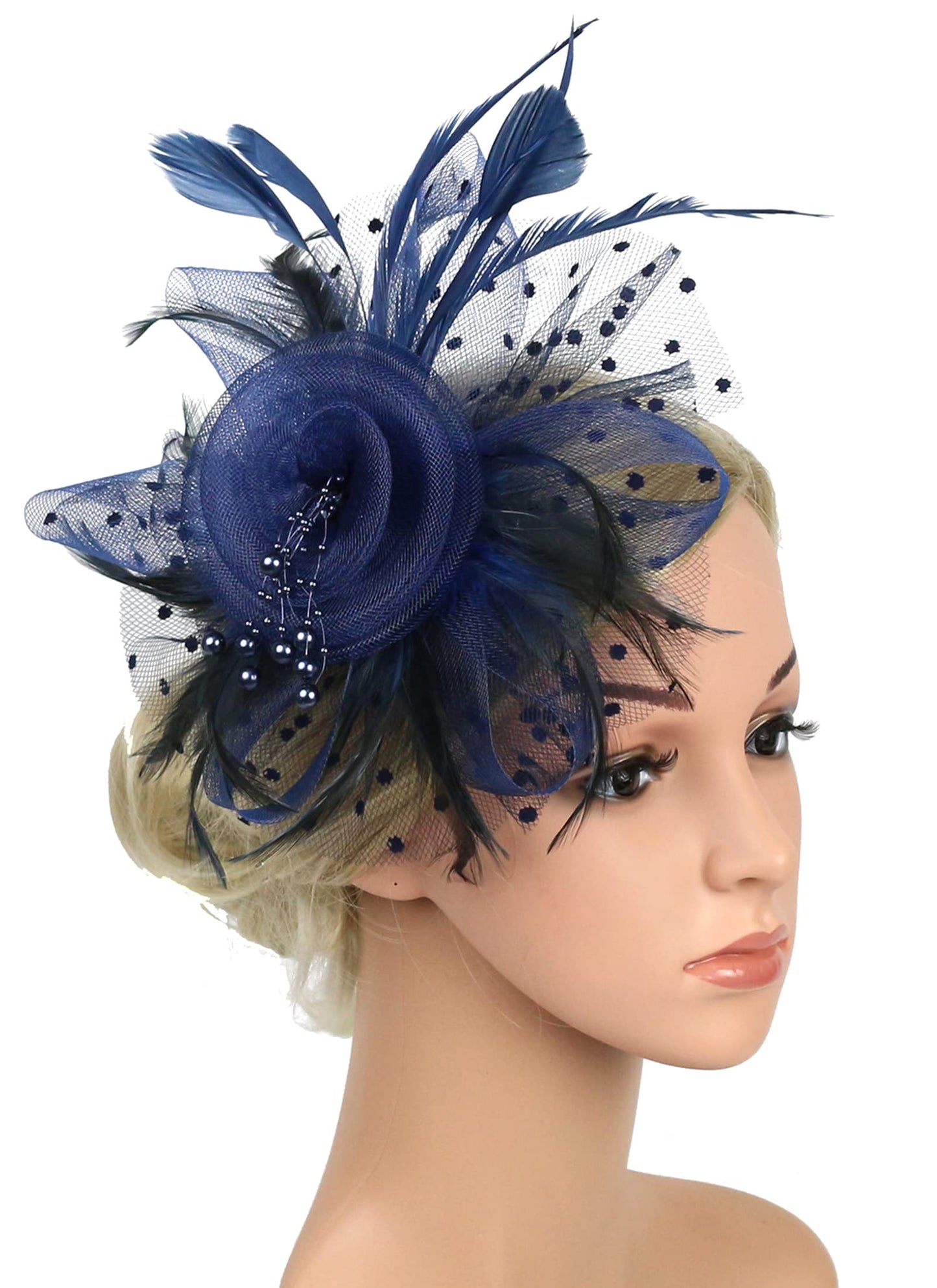 QDC Fascinators Hat for Women Tea Party Headband Kentucky Derby Hats Cocktail Flower Mesh Feathers Headwear Hair Clip for Wedding (Darkblue)