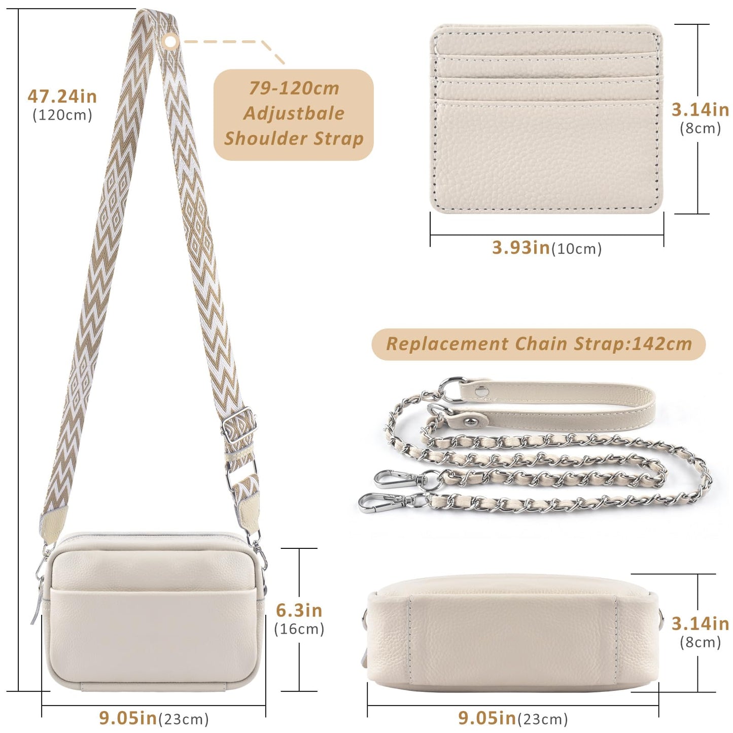 BROTOU Crossbody Bag for Women, Leather Handbag & Shoulder Bag with Adjustable Wide Strap, Chain Strap & 3-Slot Card Holder, Camera Cross Body Bag for Lady Girl Travel Shopping Daily Use (Beige)