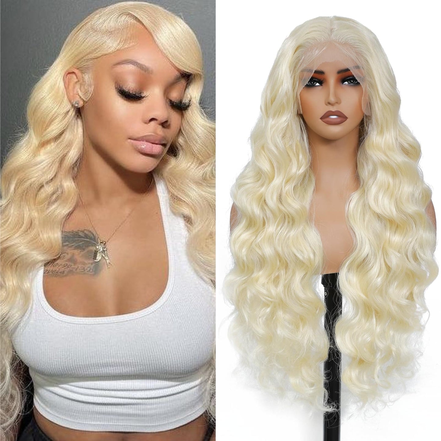 Humistwbiu Body Wave Wigs 13x6 Lace Front Wig Pre-Plucked Hairline with Baby Hair Transparent Swiss Lace Heat Resistant Synthetic Hair Glueless Lace Front Wavy Wigs for Women 32 Inch (#613)