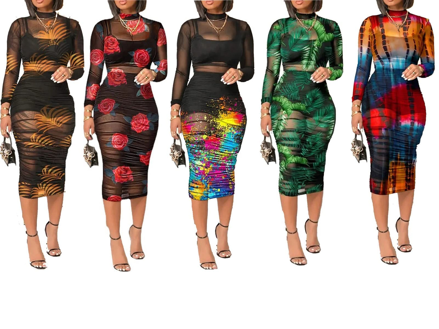 Women's Sexy See Through Sheer Mesh Long Sleeve Floral Midi Cover Up Dress Crop Tank Tops Skirt 3 Piece Outfits Set Green S