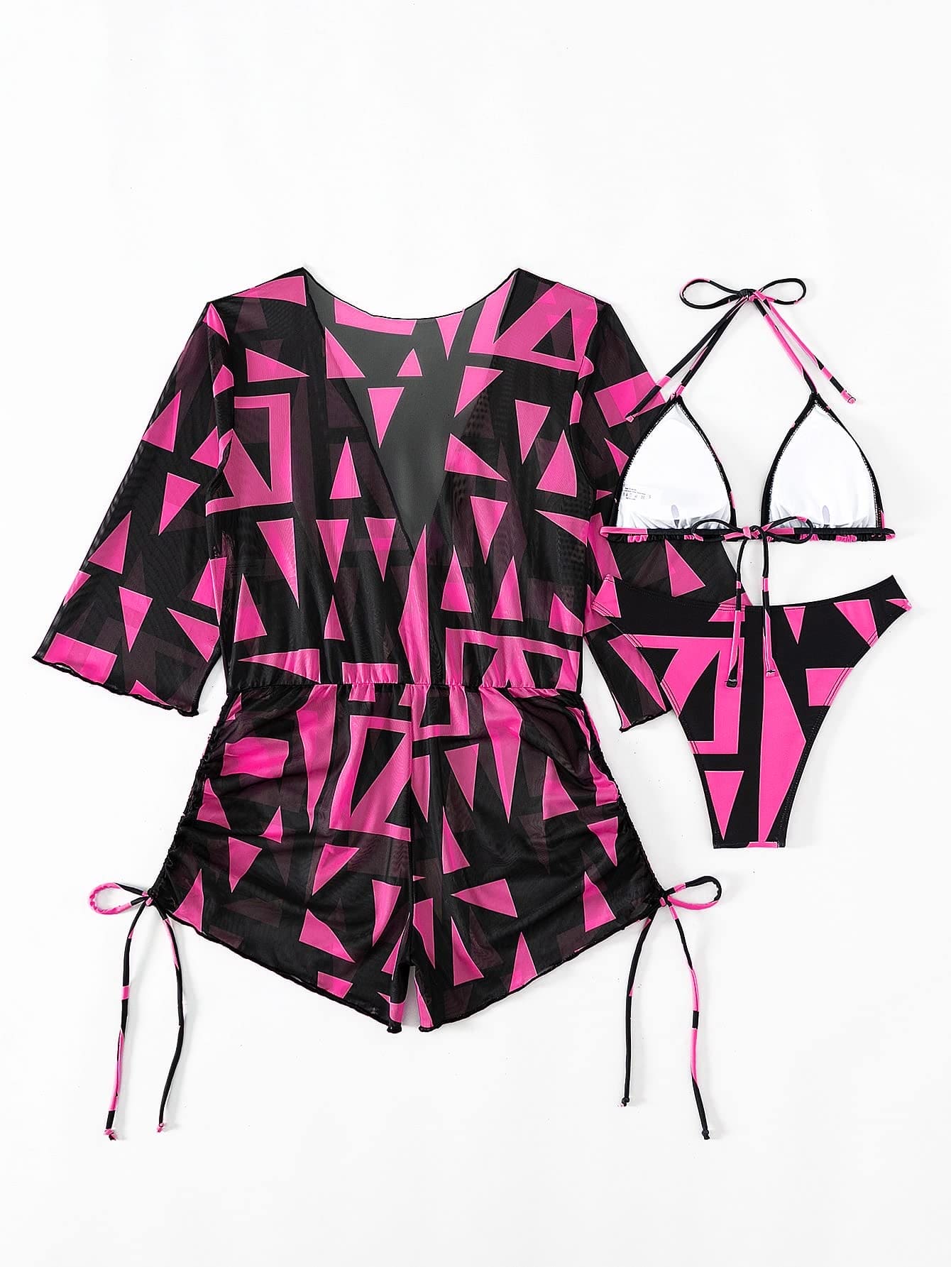 OYOANGLE Women's 3 Piece Graphic Halter Triangle Bikini Swimsuit with Drawstring Cover Up Hot Pink and Black S