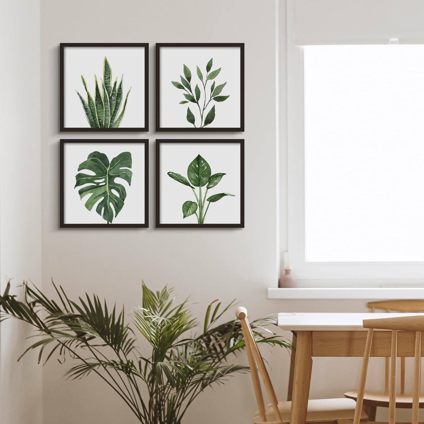 ArtbyHannah Framed Wall Art Decor with Botanical Prints 25x25cm Green Tropical Snake Plant Fern Artwork Poster 10x10 inch, Square Pictures Set of 4, Wall Decoration for Living Room Bathroom Bedroom