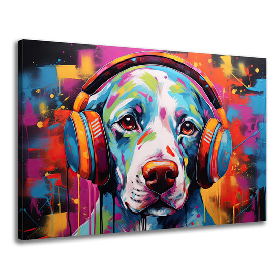 GLOKAKA Colorful Dog Wall Art,Graffiti Dog Canvas Print Wall Painting,Labrador with Headphone Street Pop Art,Funny Animal Picture Print Artwork for Bedroom Office Bathroom Decor-24 x16