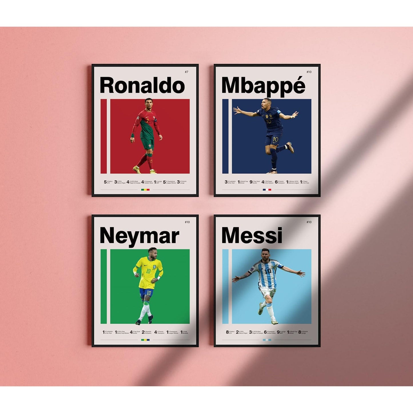 Soccer Posters 8x10 Inch Canvas Prints Unframed Set of 4 - Messi, Ronaldo, Mbape And Neymar Famous Football Superstar Poster Sports Decor for Boys Bedroom Wall Art