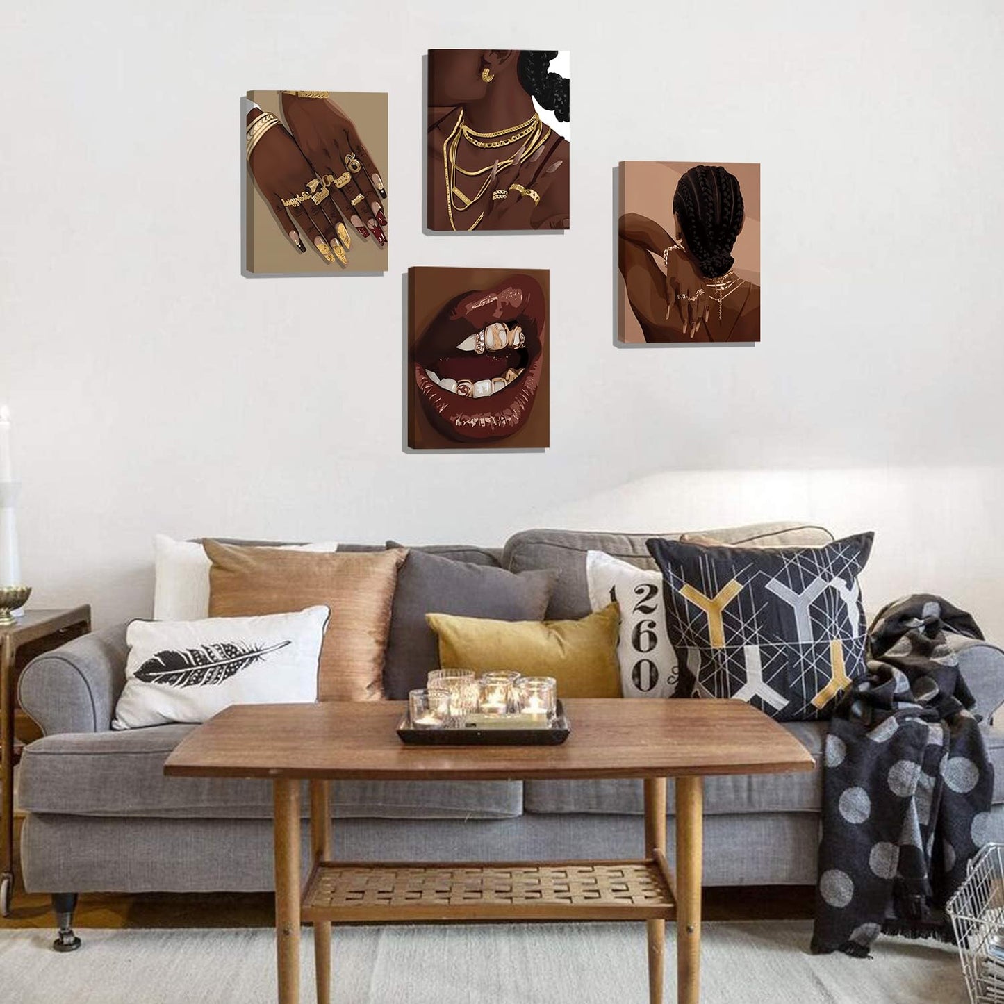 TANXM Black Woman Art Printing,Boho Black Female Wall Art, Black Girl Art Poster, Abstract African American Woman Wall Art Decor for Home Bedroom - Set of 4 (8"X10", Built-in frame