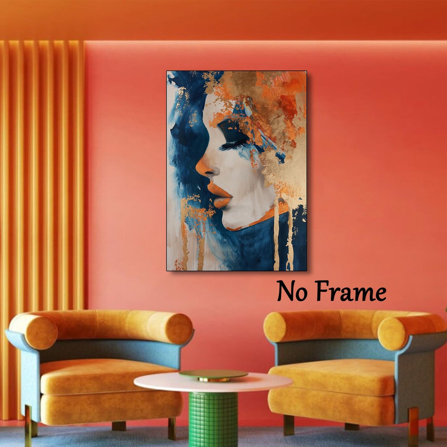 Orange Blue Canvas Wall Art Abstract Gold Painting Modern Abstract Canvas Orange Gold Blue Wall Art Abstract Face Canvas Art Navy Blue & Orange Wall Pictures Modern Orange Painting 16x24inch No Frame