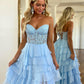 PAVERJER Lace Appliques Strapless Corset Prom Dresses for Women 2024 Long Ruffle Tiered Formal Dress with Slit Light Blue Size 4