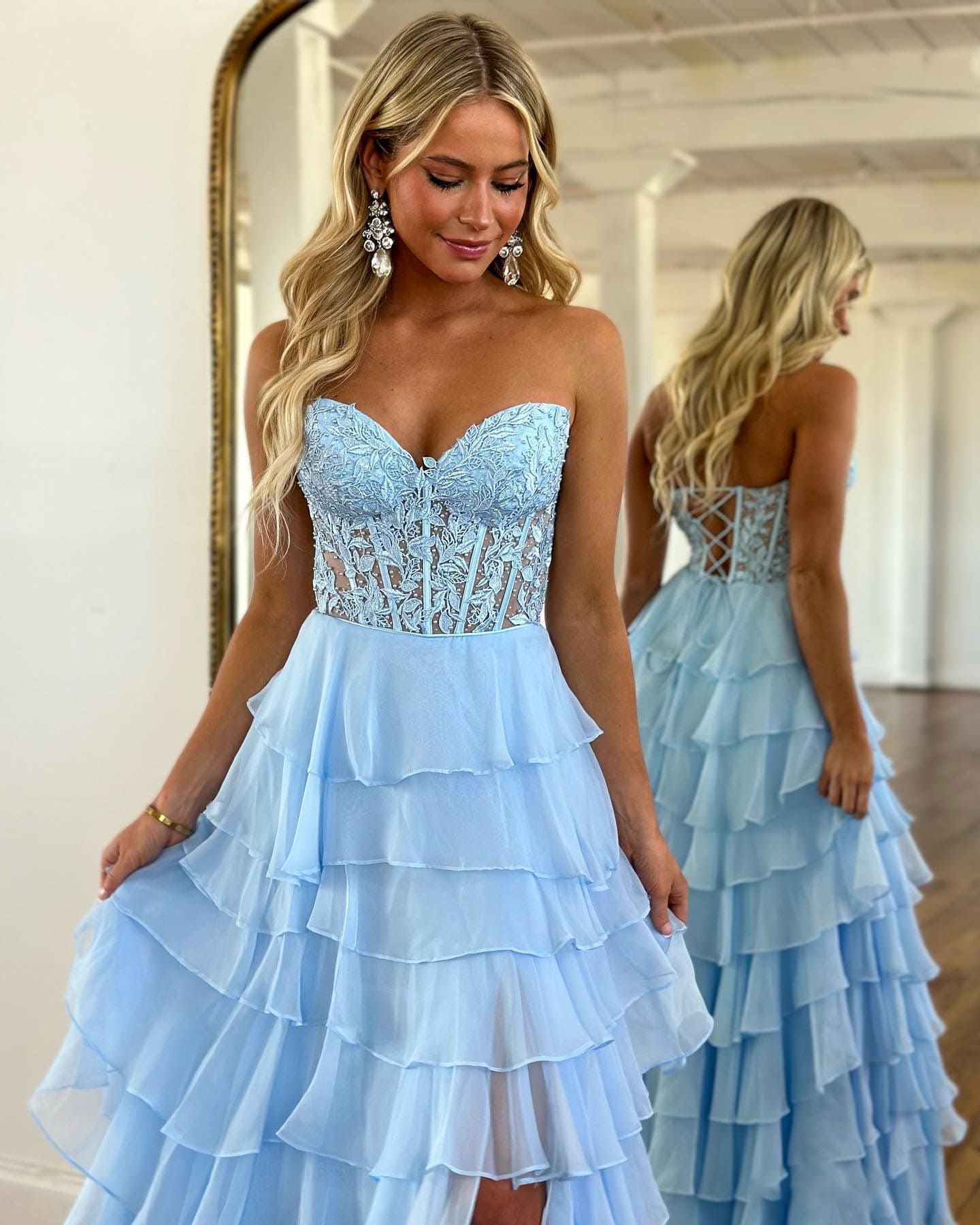 PAVERJER Lace Appliques Strapless Corset Prom Dresses for Women 2024 Long Ruffle Tiered Formal Dress with Slit Light Blue Size 4