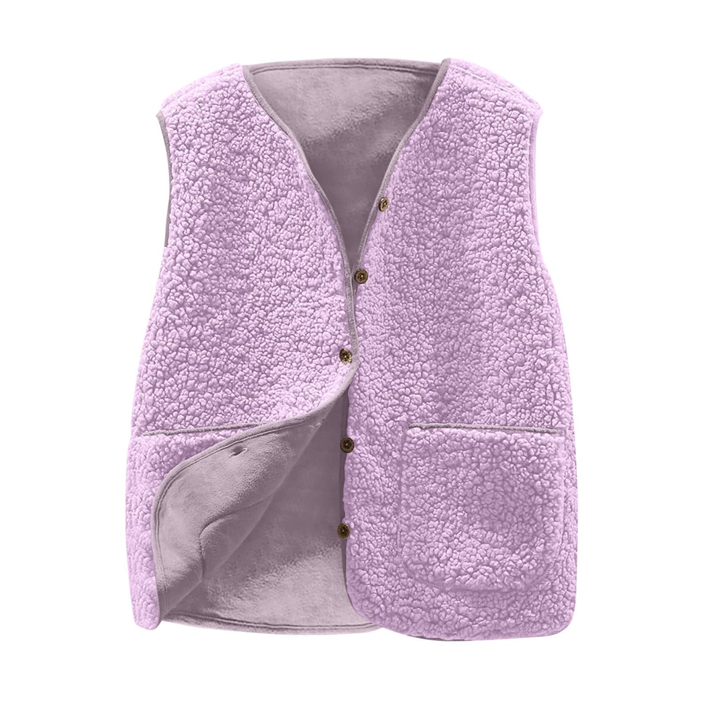 Teddy Fleece Gilet for Women Sleeveless V-neck Button Down Vest Sherpa Fluffy Waistcoat Coat Solid Color Lightweight Cozy Gilets Ladies Winter Soft Jacket with Pockets Fur Fuzzy Coat Outwear Clearance