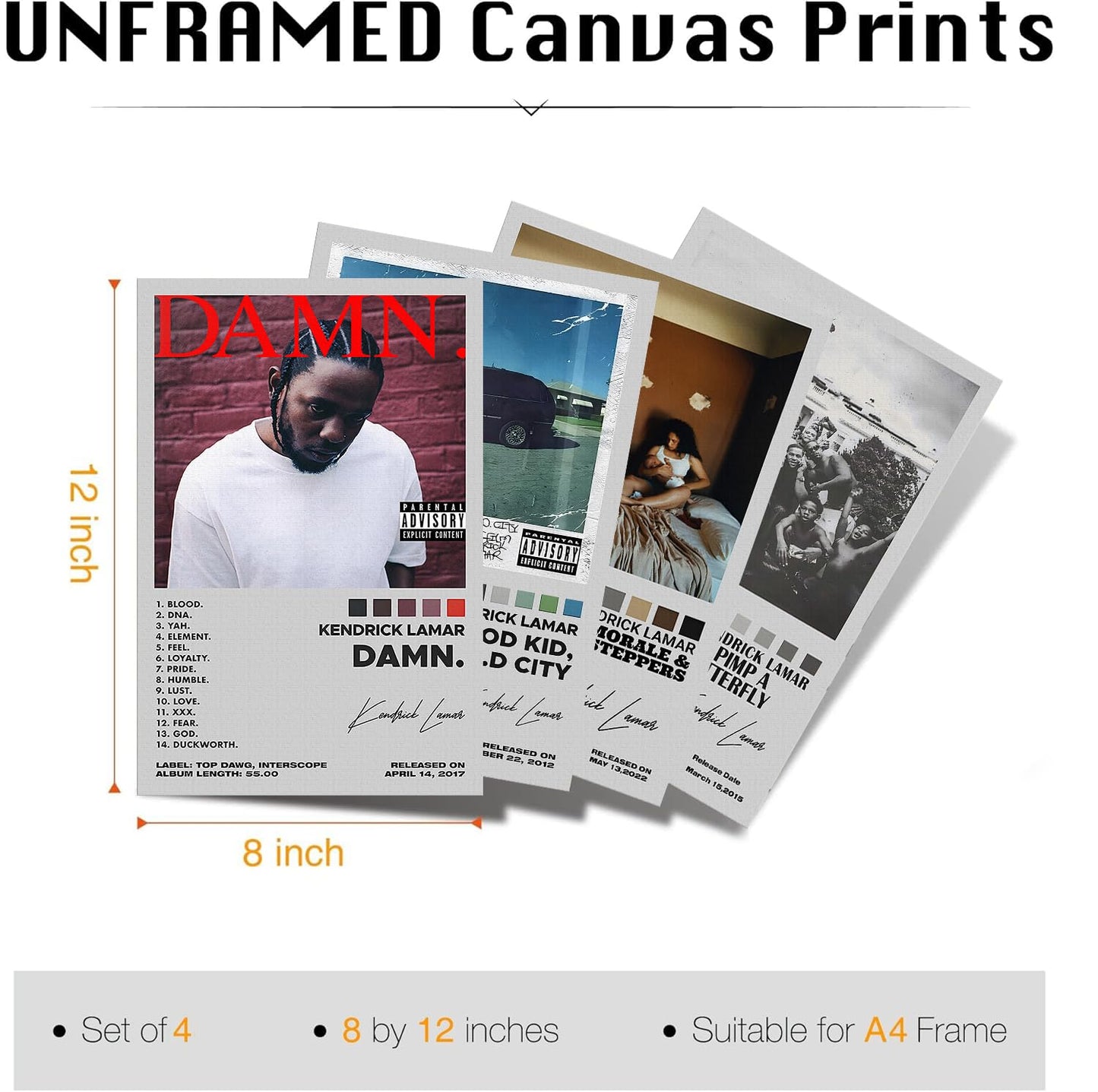 kendrick Lamar Posters Rapper Music Signed Limited Posters Album Cover Posters Canvas Wall Art Prints Set of 4 for Room Aesthetic Posters Bedroom Music Classroom Wall Decor Art 8x12 inch Unframed