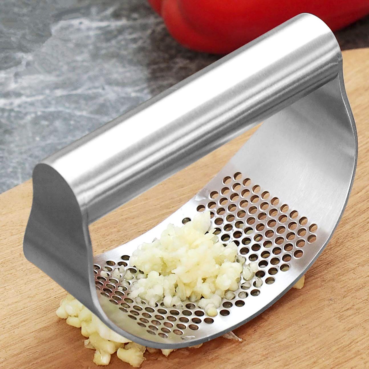 Topways® Garlic Ginger Press Rocker, Kitchen Gadget 430 Stainless Crusher Squeezer for Garlic Ginger, Silicone Garlic Peeler,Cleaning Brush