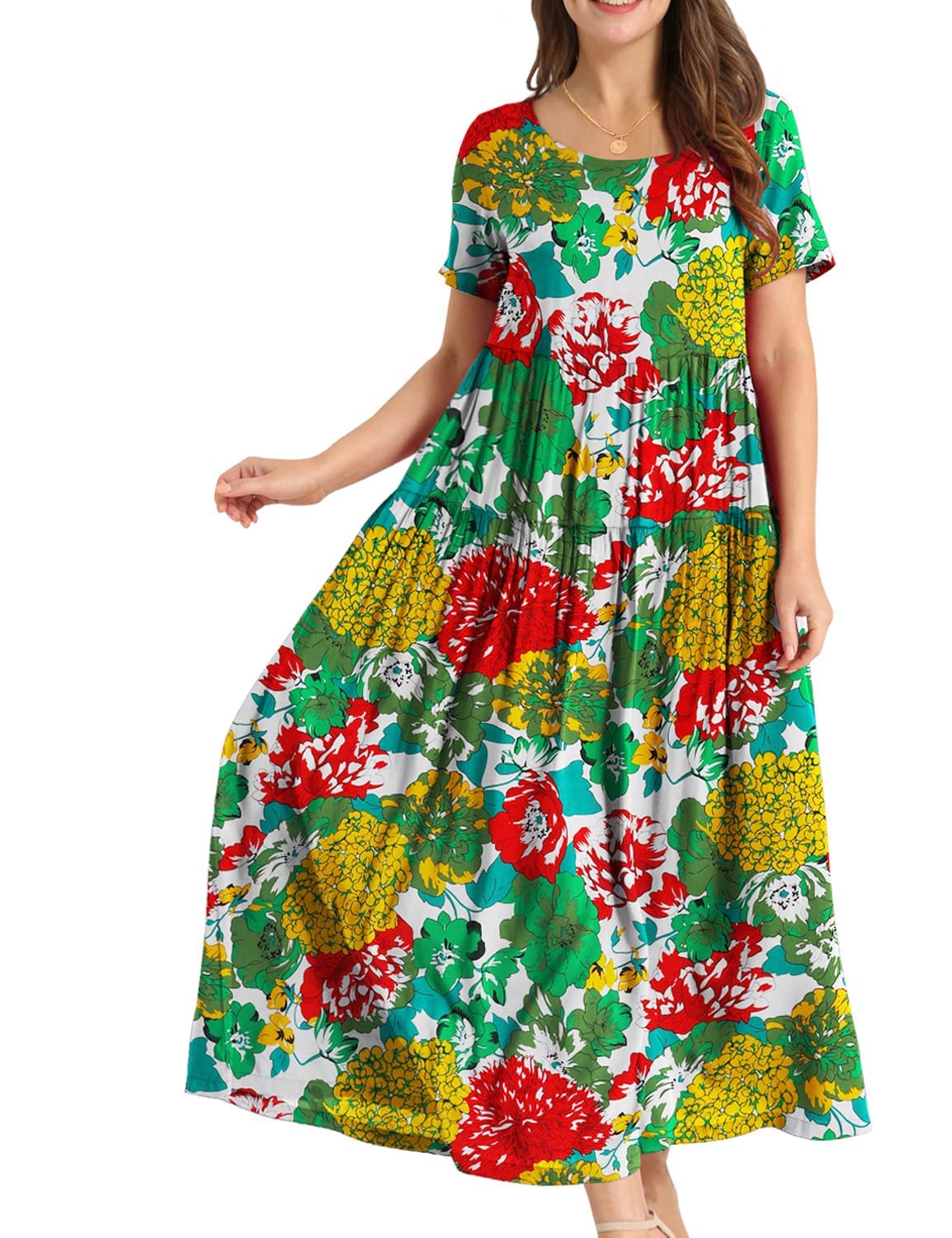 YESNO Women Dresses Casual Plus Size Bohemian Short Sleeve Floral Long Maxi Summer Beach Swing Dress/Pockets EJFUK