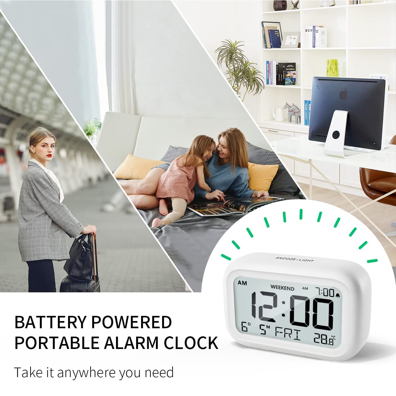 DOOMAY Digital Alarm Clock Bedside - Battery Powered Clock with LCD Display Volume Adjustable Snooze and Weekend Mode for Bedroom Office Desk Travel