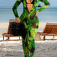 JerXox Sexy Mesh Cover Ups Dress for Women Button Down Beach See Through Long Sleeve Swimwear Tropical Dresses Green Leaf