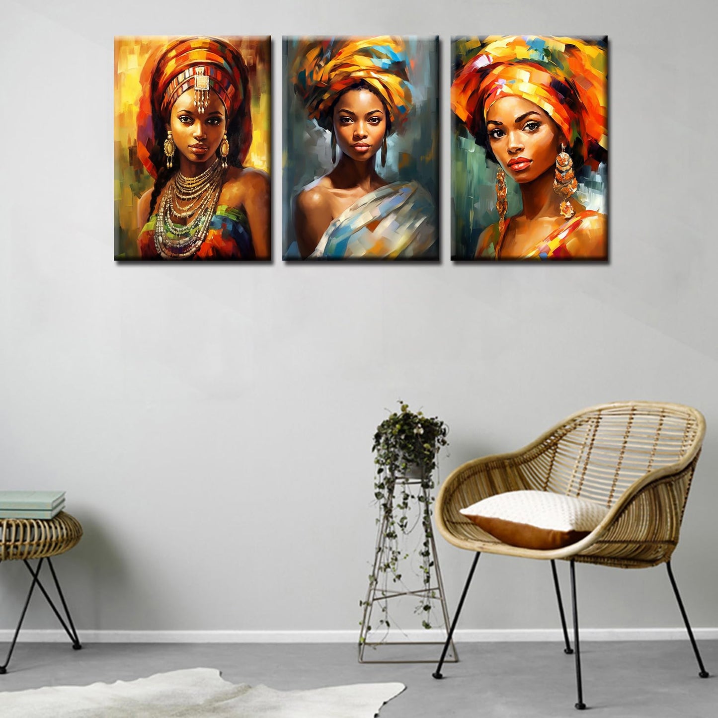 Tucocoo 3 Piece Canvas Wall Art African Fashion Women Pictures Beautiful Black Girl Portrait Paintings Contemporary Artwork Home Decor for Living Room Framed Gallery-wrapped Ready to Hang 42''Wx20''H