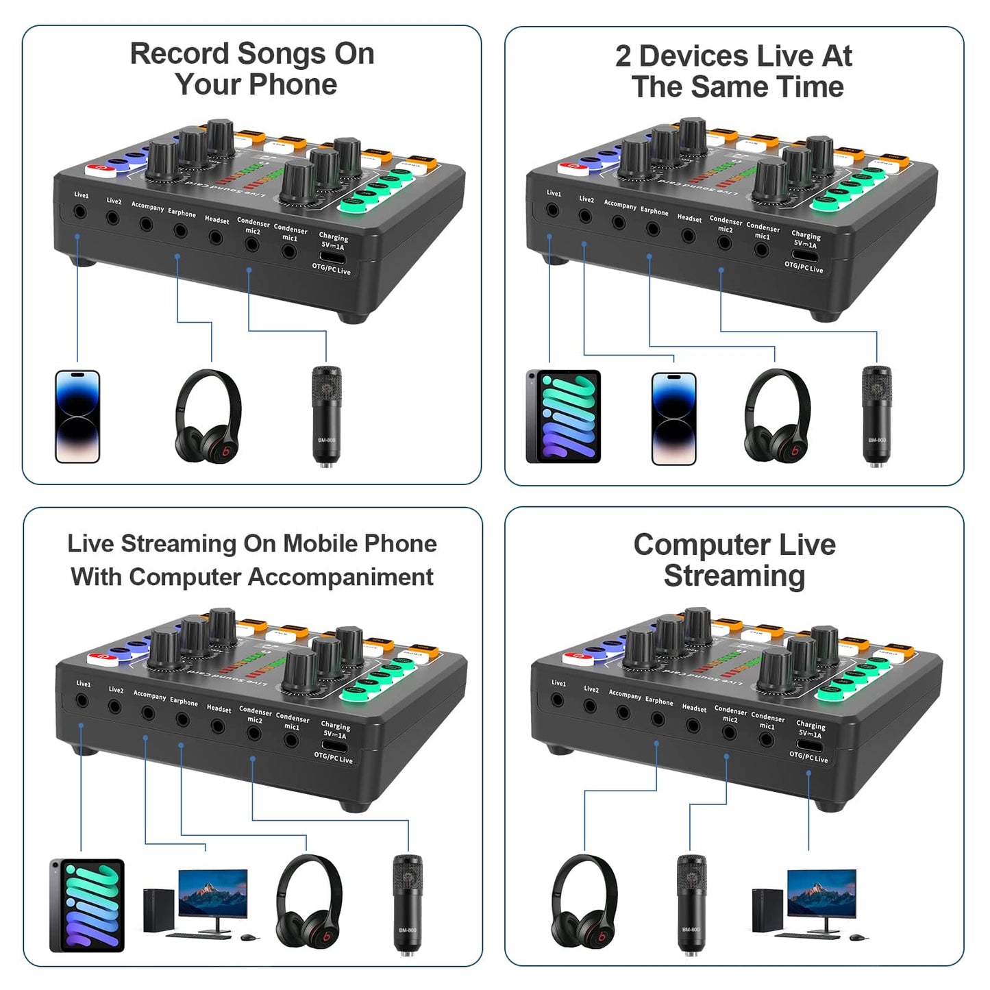 Audio Mixer,Audio Interface with DJ Mixer Live Sound Card Effects and Voice Changer,podcast equipment bundle Stereo DJ Studio Streaming, Prefect for live Streaming/Podcasting/Gaming