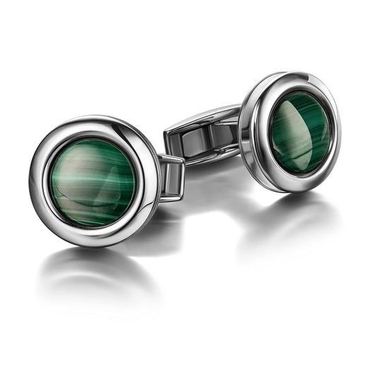 Colibri Hampton Cufflinks For Men - Designer Cufflinks with Green Malachite Stone Inlay - Pivoting Whale Back Closure - Polished Stainless Steel - Gift Box