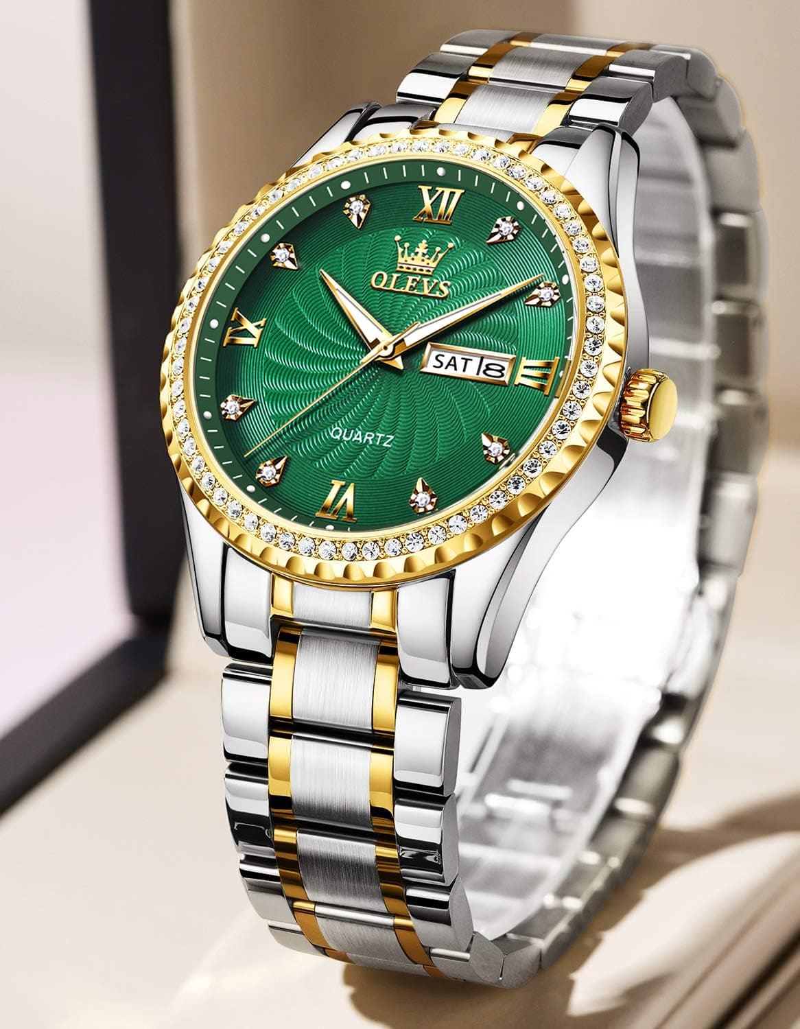 OLEVS Mens Watch Luxury Diamonds Green Dial Day Date Wrist Watches for Men Big Face Gold Bezel Luminous, Male Business Casual Analog Quartz Watch Waterproof with Stainless Steel Band Classic Gifts Set