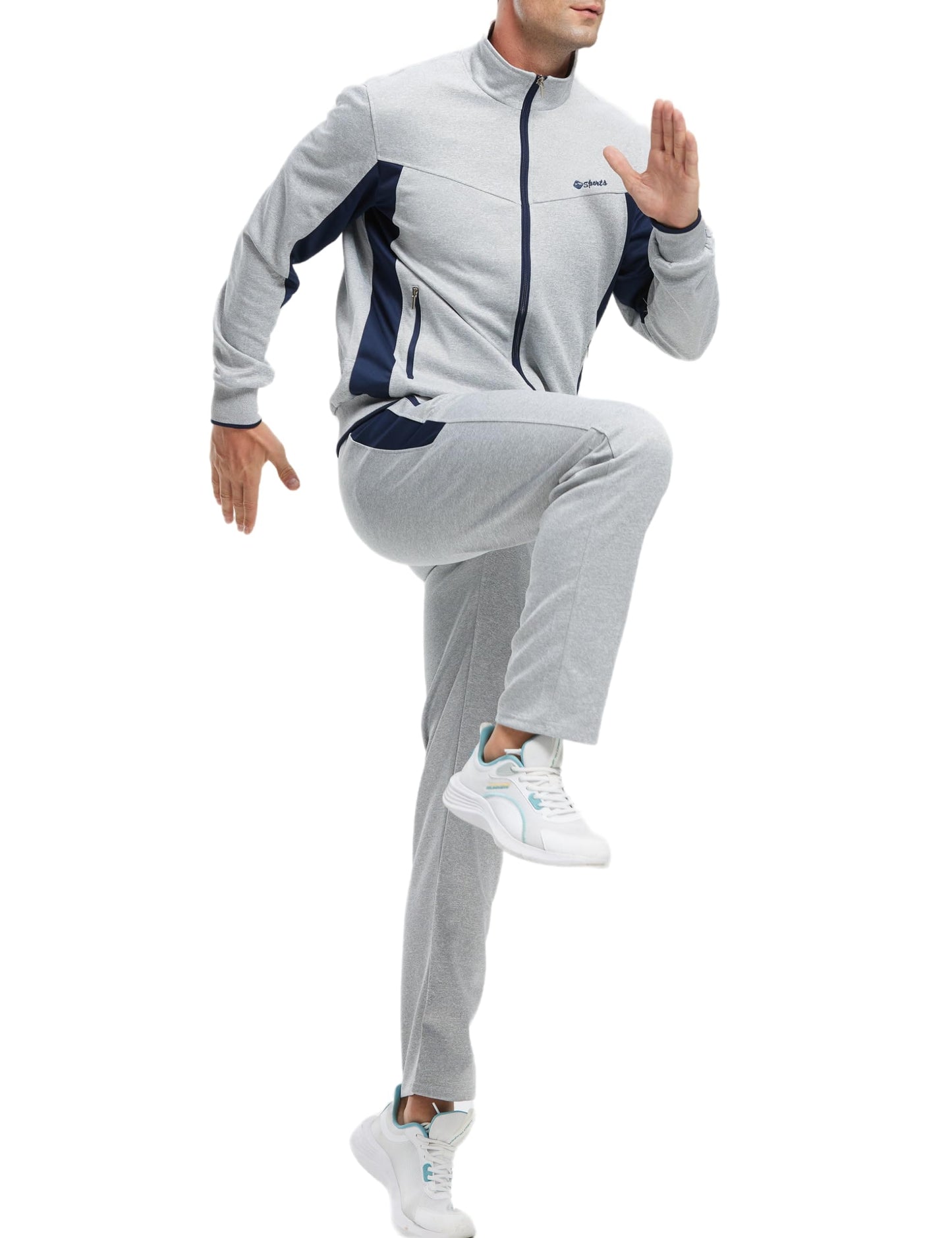 Rdruko Mens Tracksuits Sets Running Jackets Joggers 2 Piece Casual Sweatsuits Sports Lounge Wear Navy and Light Grey M