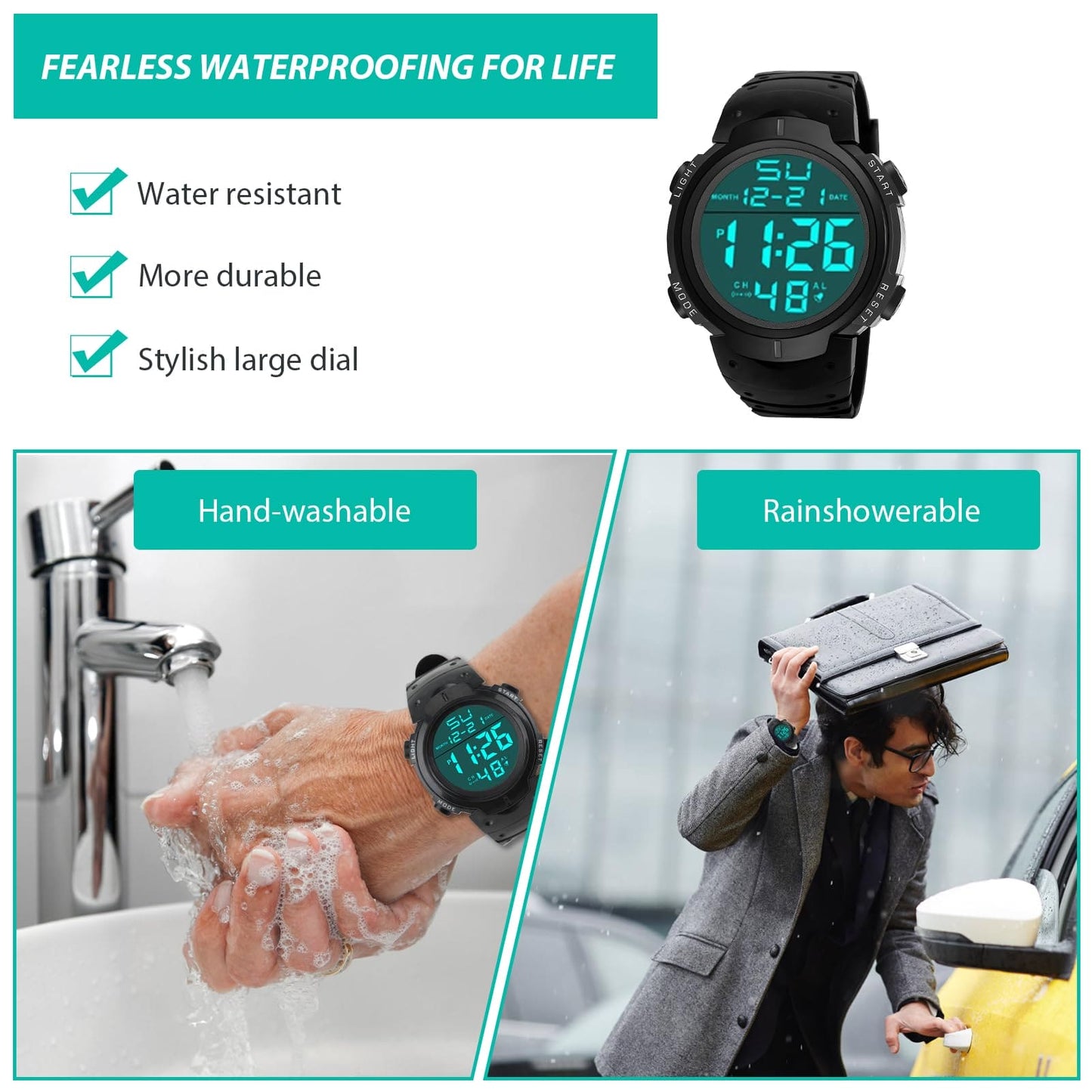 Digital Sport Watch Mens Women, LED Backlight Luminous Waterproof Wrist Watches with Alarm, Countdown Referee Stopwatches for Adult Children Sports Outdoors Swimming Running Climbing Camping, Black