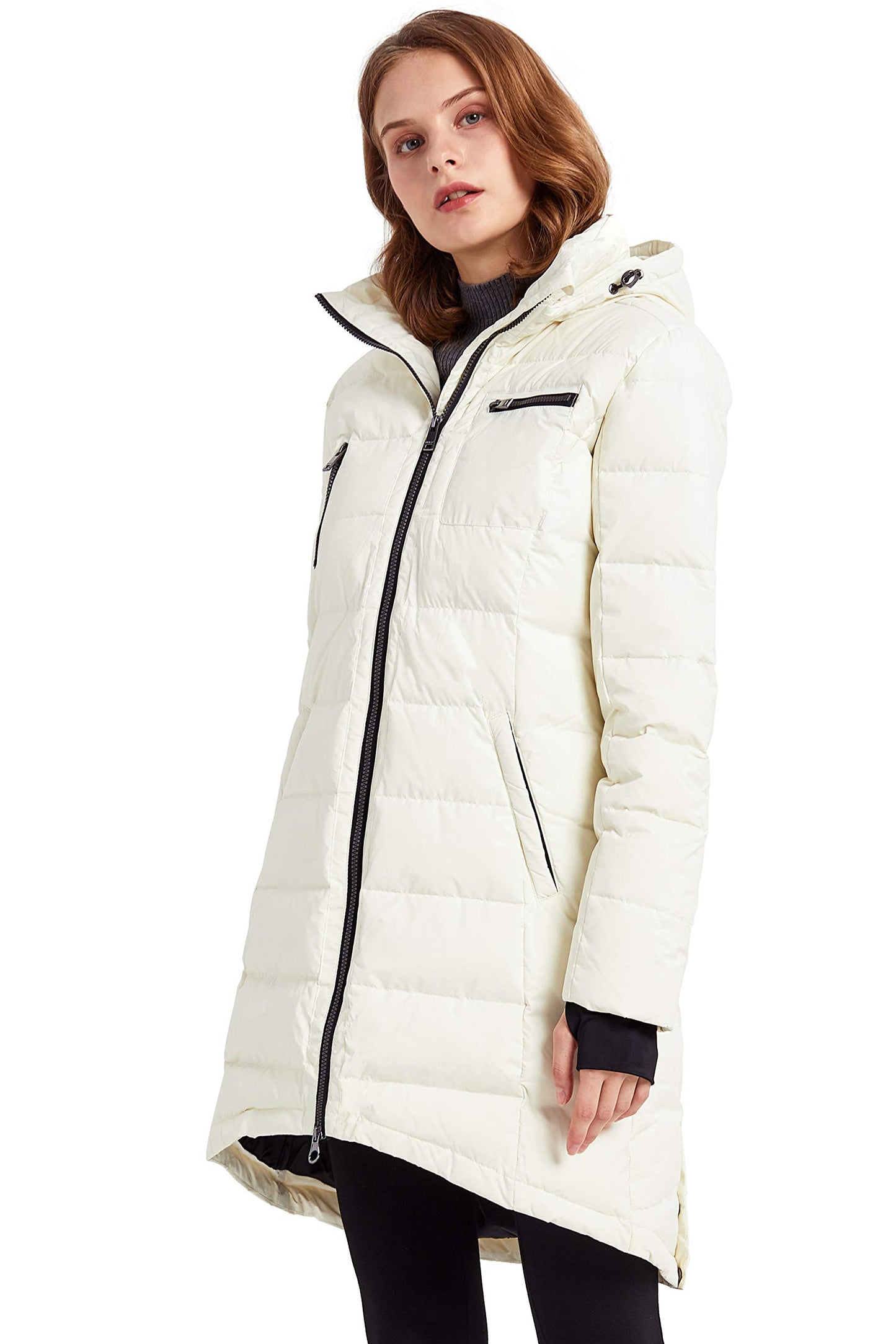 Orolay Women's Hooded Down Jacket Mid-Length Outwear Coat Cannoli Cream M