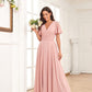 PAVERJER Dusty Rose V Neck Bridesmaid Dresses for Women with Sleeves Long A-Line Side Slit Chiffon Pleated Evening Gown with Pockets Size 0