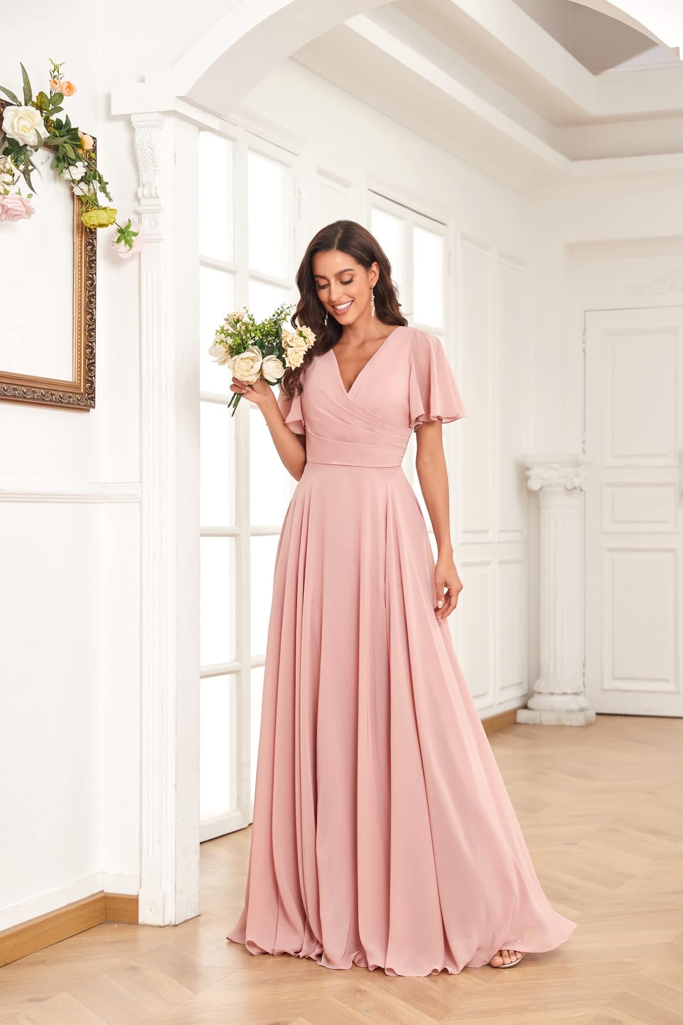 PAVERJER Dusty Rose V Neck Bridesmaid Dresses for Women with Sleeves Long A-Line Side Slit Chiffon Pleated Evening Gown with Pockets Size 0