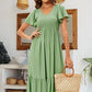 II ININ Summer Dresses for Women UK Short Sleeve Midi Dress V Neck A Line Smocked Long Casual Dress(Light Green,S)