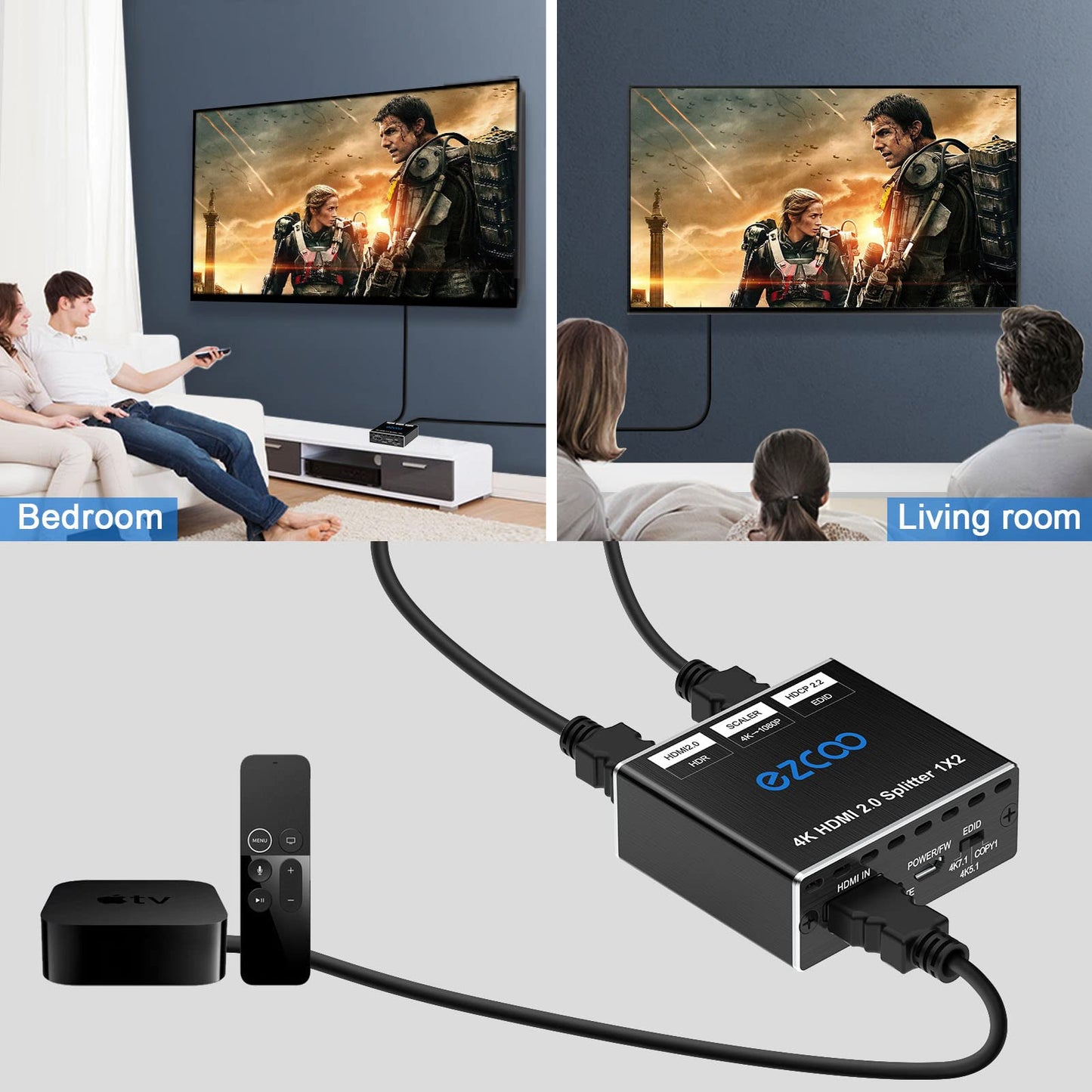 HDMI Splitter 4K 60Hz 1x2 1080P 120Hz HDCP HDR 18Gbps UHD D-olby Vision Atmos Scaler 4K EDID 1080P Dual Monitors HDMI 2.0 Splitter 1 in2 out for PS5,SkyQ,Xbox, Fire Stick BluRay Apple TV Projector