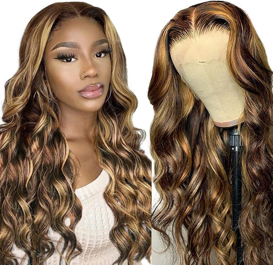 ALIPOP HD Lace Front Wigs Human Hair Wigs Body Wave 13X6X1 Glueless Lace Wigs For Women Human Hair 4/27 Brown & Golden Color Curly Wig 22 Inch, 1.0 count