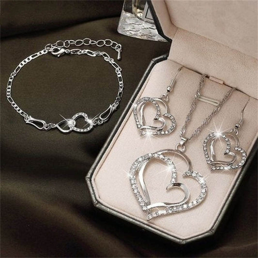 MaNMaNing Silver Bracelet Earring Necklace Set for Women Elegant Heart Shaped Pendant Ladies Party Wedding Jewelry Gift for Birthday Mothers Day