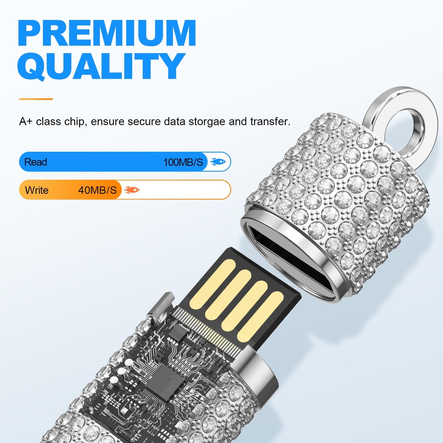 Kepmem USB Stick 64GB Flash Drive Jewelry USB 3.0 Memory Sticks Metal Pen Drive 64 GB Silver Thumb Drive Bling Jump Drives Crystal Necklace Data Storage with Portable Keychain