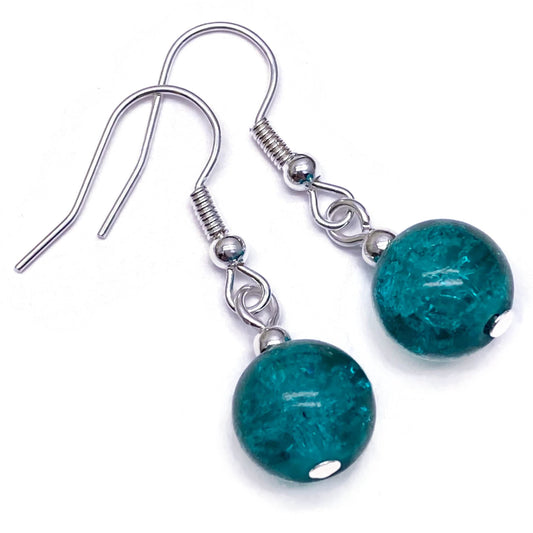 Sea Green Crackle Glass Bead Earrings - 10mm Round Beads on Nickelfree Hooks