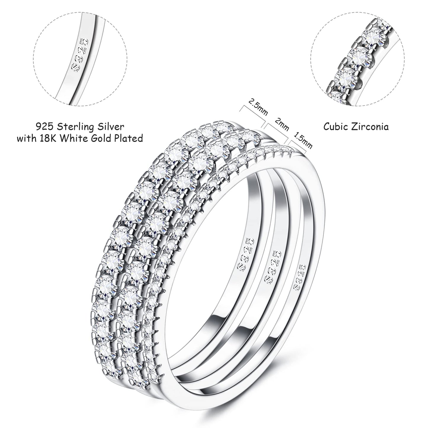 JeryWe 1 pcs CZ Ring 925 Sterling Silver Ring for Women Girls Eternity Promise Rings Wedding Engagement Band Bridal Ring Jewellery Gifts with Cubic Zirconia Size L1/2 2mm